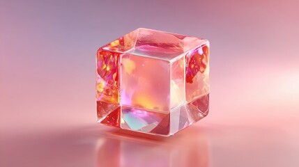 Translucent pink cube, iridescent facets