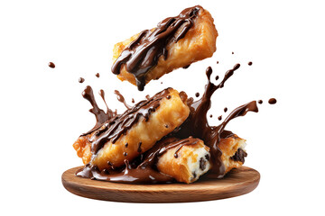 Fried moro barpastries with melted chocolate and chips stacked on wooden plate, isolated on white transparent background, concept of New Zealand sweet dessert