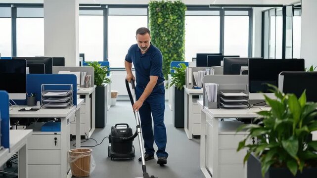 Male janitor cleaning office with vacuum machine
