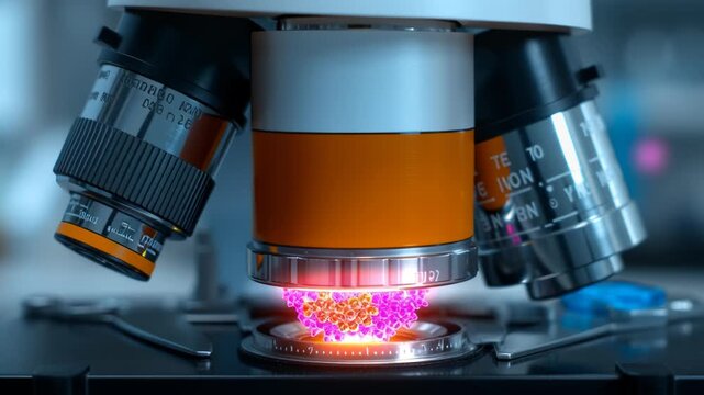 Microscope capturing a vibrant, glowing particle in a laboratory setting.
