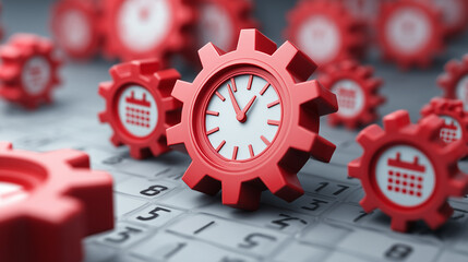 Red gears with clocks and calendars on a gray background representing time management, organization, scheduling, and productivity concepts