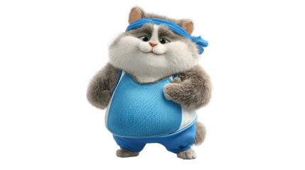 Cartoon cat in sportswear isolated on transparent background is exercising