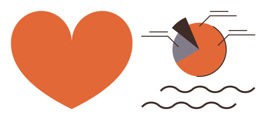 Large orange heart symbol next to a segmented pie chart with explanatory lines and wavy lines below. Ideal for health, love, analytics, data, emotions, relationships, simplicity. Simple flat metaphor