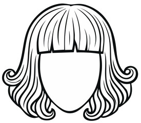Stylized Woman's Haircut with Bangs and Curls in Outline Vector Illustration
