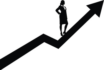 Fototapeta premium Businesswoman standing on a zigzag arrow pointing upward, symbolizing career growth isolated on white background