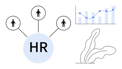 HR circle connects to three employee icons, accompanied by a bar and line growth chart with decorative leaf elements. Ideal for HR, teamwork, data analysis, career growth, business strategy