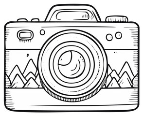 Artistic line drawing of a classic photo camera featuring mountain peaks design and travel theme