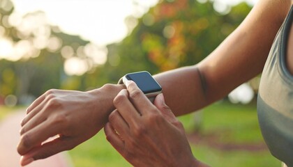 Close-up of a woman's hands adjusting a smartwatch during an outdoor workout