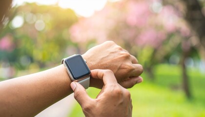 hands adjusting a smartwatch during an outdoor workout