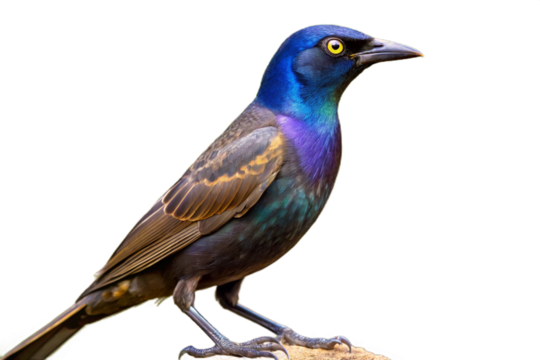 Iridescent greater grackle perched on a branch against a dark background