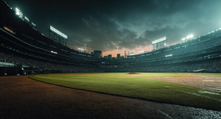 Baseball stadium at dusk, full of fans