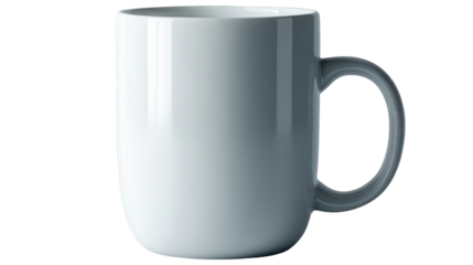 A clean glossy white ceramic mug with a simple C-shaped handle and smooth reflective surface.