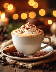 Cozy coffee drink on rustic table