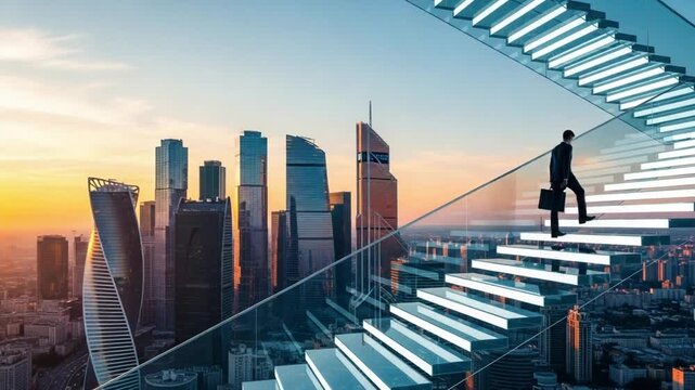 Man in suit ascends illuminated stairs with city skyline and sunset in the background view from above