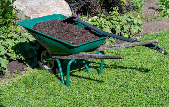 Green wheel barrow with soil and shovel