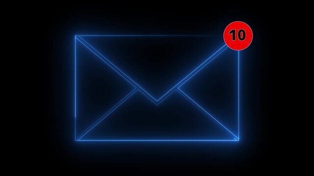 Glowing neon message box icon animation video notice receive massage animated sign symbol. Message mail box, 4k. Pulsing Neon Blue Message Box Animation: Glowing Mail Inbox Icon on black background.