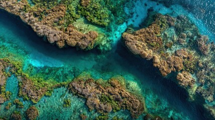 Vivid coral reefs and clear turquoise waters are showcased from above during midday. The sun illuminates the vibrant underwater life and picturesque landscape, creating a serene atmosphere.
