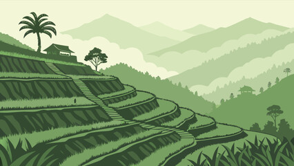 Green rice terraces landscape with palm trees and mountains scenic view nature travel destination art
