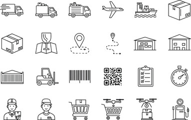 Logistics and delivery icons set featuring trucks, airplanes, ships, warehouses, packages, barcodes, QR codes, forklifts, shopping carts, routes, drones, stopwatch, and couriers