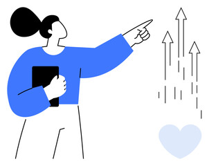 Woman holding tablet and pointing upward alongside ascending arrows and a heart symbol. Ideal for leadership, motivation, innovation, support, growth, teamwork, progress concepts. Minimalist flat