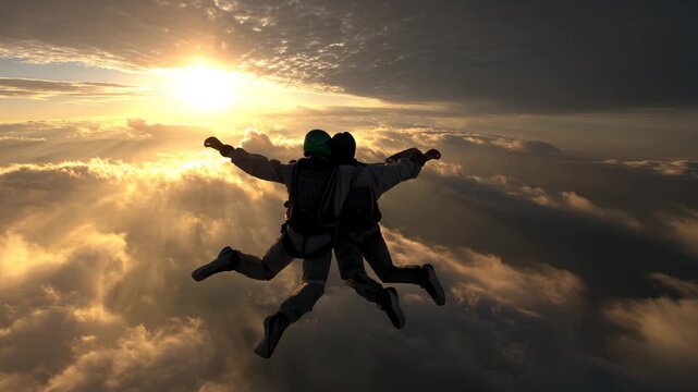 Two skydivers in freefall above the clouds with the sun setting on the horizon. Golden lighting, dynamic aerial perspective. 4K video