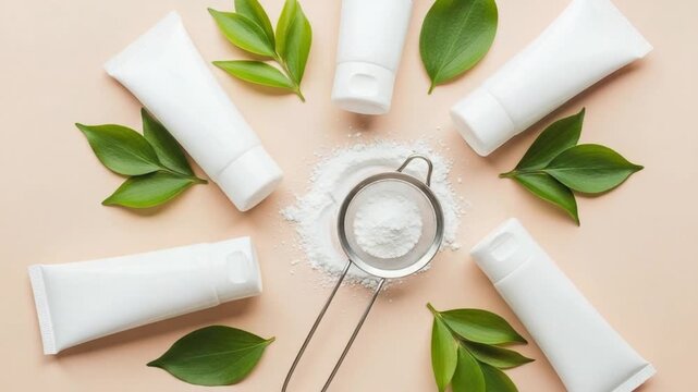 Overhead shot of cosmetic tubes, green leaves, and a sieve with powder on a beige background