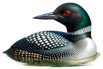Common loon with striking red eyes on dark water