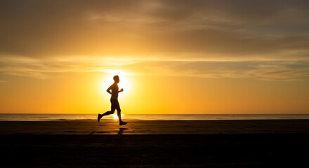 Fototapeta premium Silhouette of a Person Running on Beach During Sunset with Warm Colors and Dramatic Sky