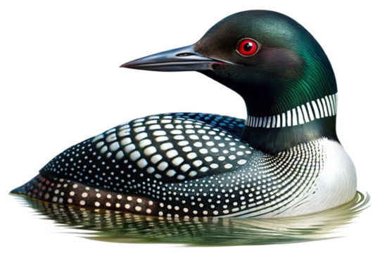 Common loon with striking red eyes on dark water