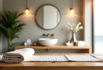 Empty marble table top on blurred minimalistic luxury bathroom at apartment, white day light, clean cozy colors. Place for product display, showing products, side view