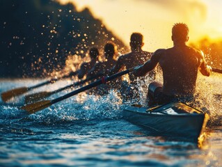 A group of rowers navigates through shimmering waters at sunset, muscles straining against the oars. The vibrant colors of the sky reflect off the surface as they move in sync.