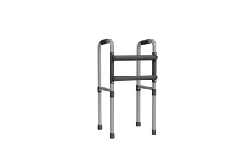 3D model of gray medical walker with black handles and supports on white, help and rehabilitation for people with disabilities