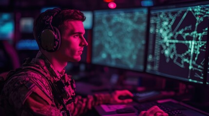 Fototapeta premium Military operative monitoring flight paths in a high-tech control room