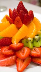 A vibrant fruit arrangement featuring strawberries, oranges, and kiwi, artfully arranged in a visually appealing manner
