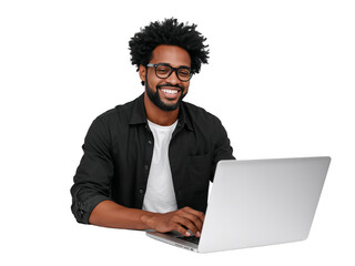 Cheerful african american man enjoys working remotely on his laptop with enthusiasm