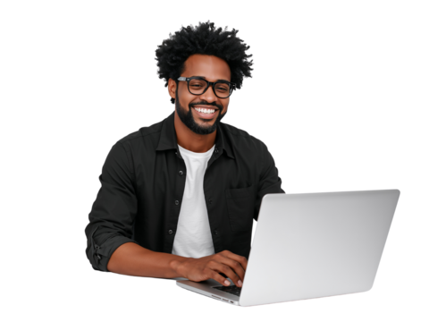 Cheerful african american man enjoys working remotely on his laptop with enthusiasm - Powered by Adobe