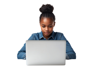 Focused young woman using laptop computer on isolated transparent background with concentration