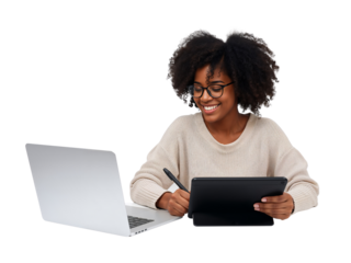 Smiling young woman utilizing a laptop and digital tablet for creative work against isolated