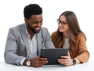 Diverse business partners collaborating on a digital tablet with isolated transparent