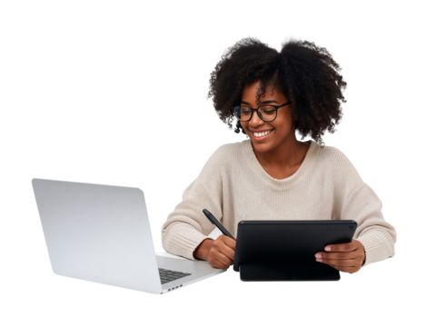 Smiling young woman utilizing a laptop and digital tablet for creative work against isolated