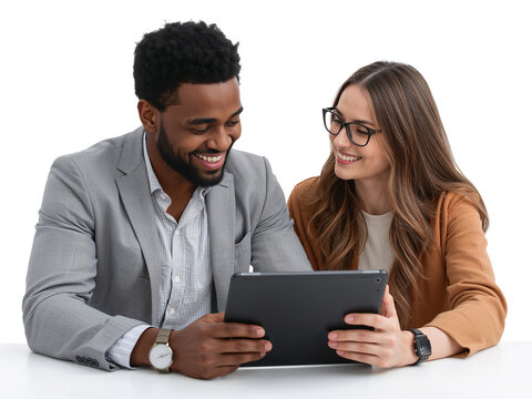 Diverse business partners collaborating on a digital tablet with isolated transparent