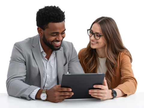 Diverse business partners collaborating on a digital tablet with isolated transparent - Powered by Adobe