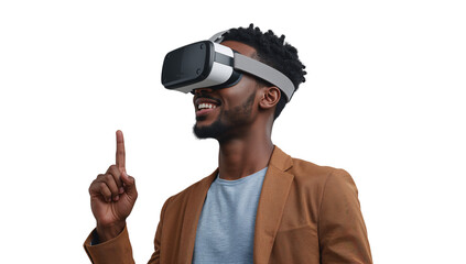 Enthusiastic african american man immersed in a virtual reality experience on transparent background