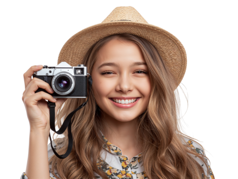 Captivating young woman wearing a straw hat, holding a vintage camera with cheerful expression and - Powered by Adobe