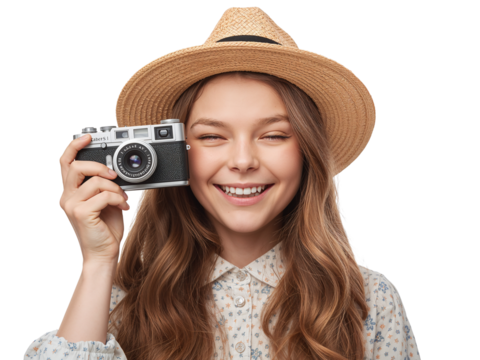Smiling girl with a vintage camera and straw hat on an isolated transparent stage