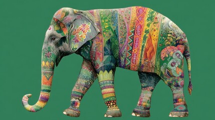 Obraz premium A beautifully painted elephant adorned with detailed patterns and vibrant colors stands against a solid green backdrop. This unique artwork highlights cultural artistry and creativity.