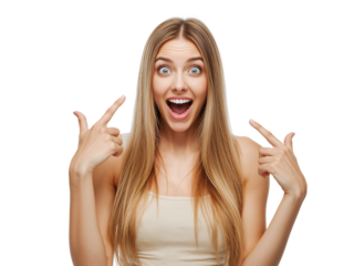 Surprised blonde woman pointing fingers, isolated against a transparent background, showcasing