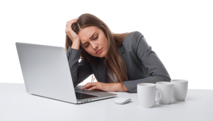 Frustrated young professional struggles with her computer isolated on transparent background