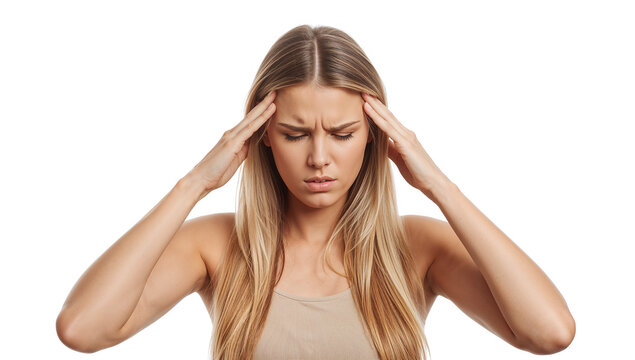 Woman experiencing tension headache with hands on temples, isolated on transparent backdrop - Powered by Adobe