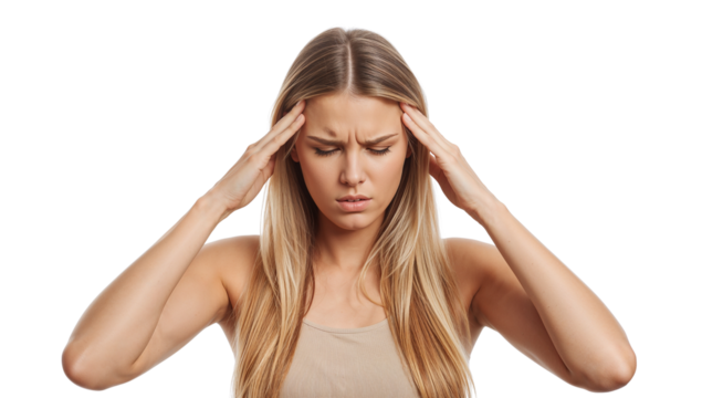 Woman experiencing tension headache with hands on temples, isolated on transparent backdrop